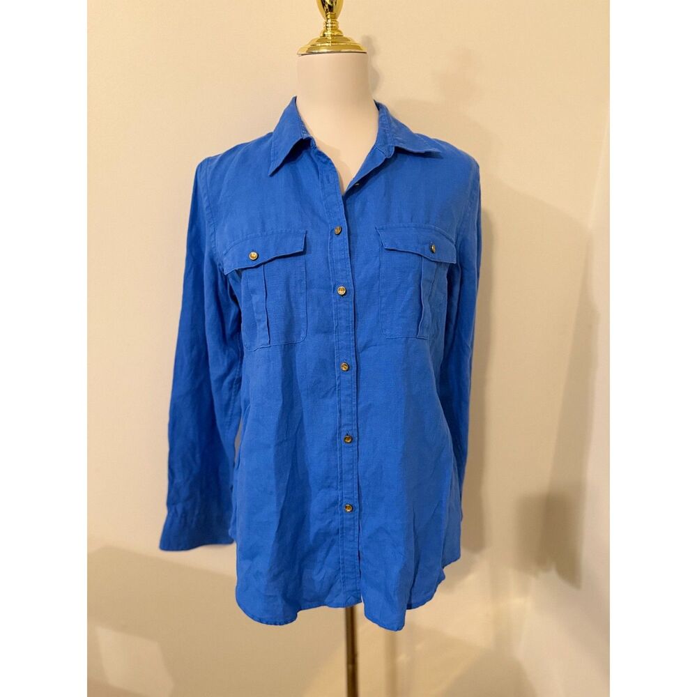 Lauren Ralph Lauren 100% Linen Shirt M Cobalt Blue Gold Anchor Buttons Nautical